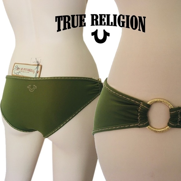 True RELIGION Bikini Bottom Super Ultra Low Rise Hipster Olive Green Metal Rings - Picture 9 of 11